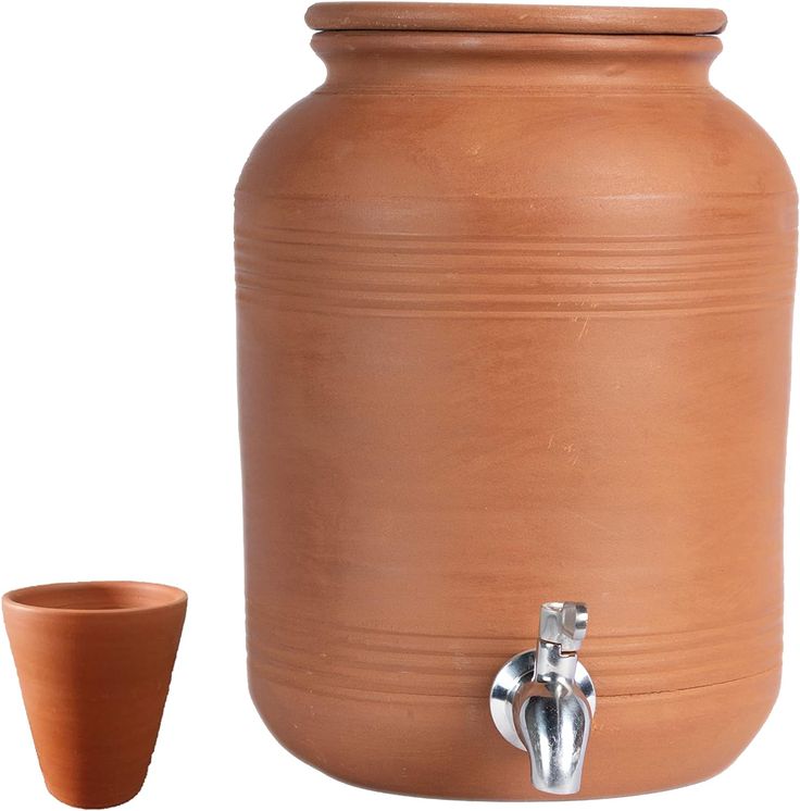 Clay Water Pot With A Lid Tap And Clay Glass